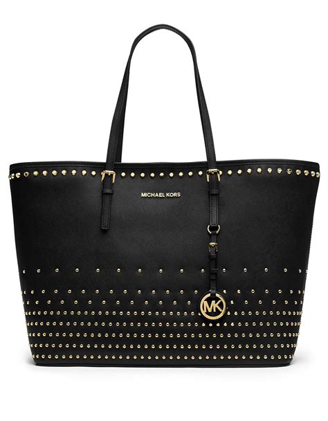 michael kors mini tote bag black|Michael Kors black studded handbag.